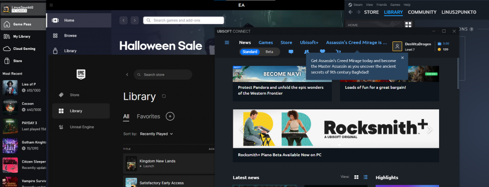 Mitt skrivbord med Ubisoft Connect, Xbox, EAs klient, Epic Games Launcher och steam öppet