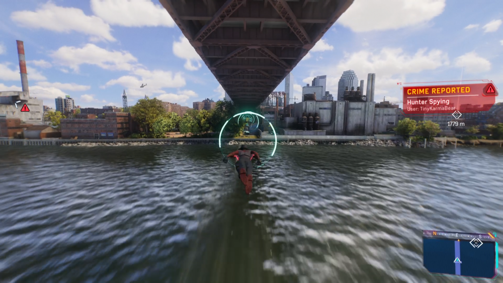 Miles Morales flyger skitsnabbt med sin wingsuit genom en vindtunnel under en bro.