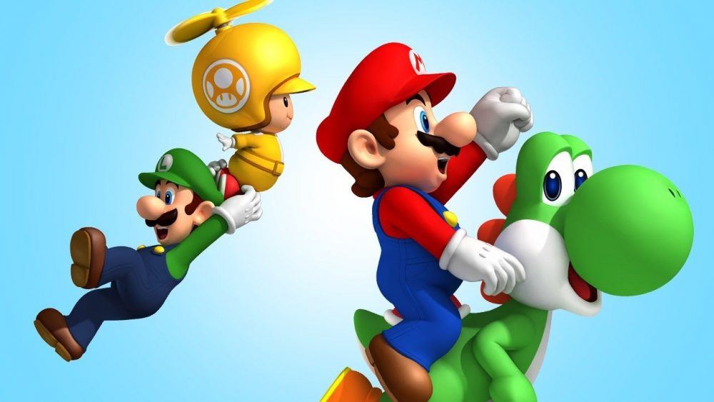 Promo art från New Super Mario Bros. Wii, med Mario, Luigi, Toad och Yoshi.