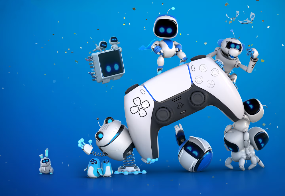 Promo art från Astro's Playroom, med en massa små robotar som håller i en handkontroll.