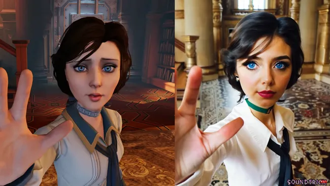 Till vänster, en bild på Elizabeth från Bioshock Infinite, till höger samma bild med ett AI-filter som får henne att se ut som en riktig människa med skumma proportioner.