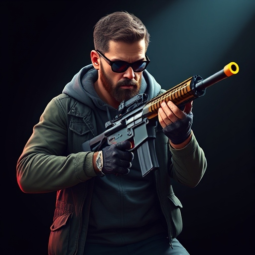 AI-genererad man med solglasögon och ett vapen