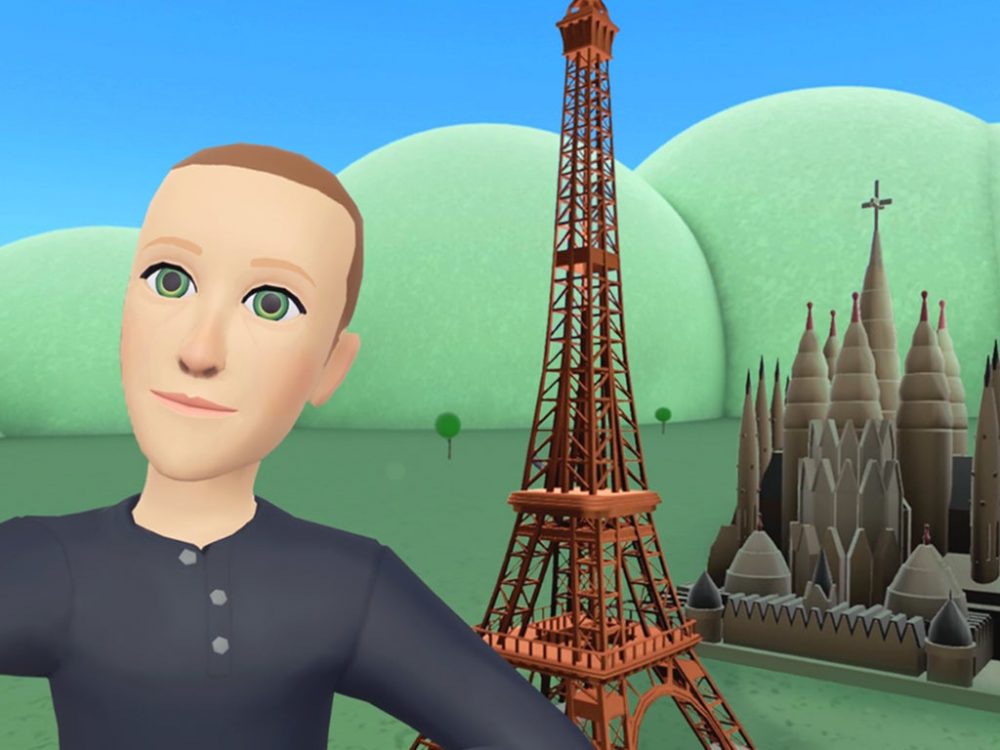 En digital version av Mark Zuckerberg framför ett digitalt Eiffeltorn