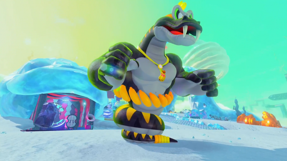 Orm-bananzan ifrån Donkey Kong Bananza: en väldigt musklig orm med två muskliga armar