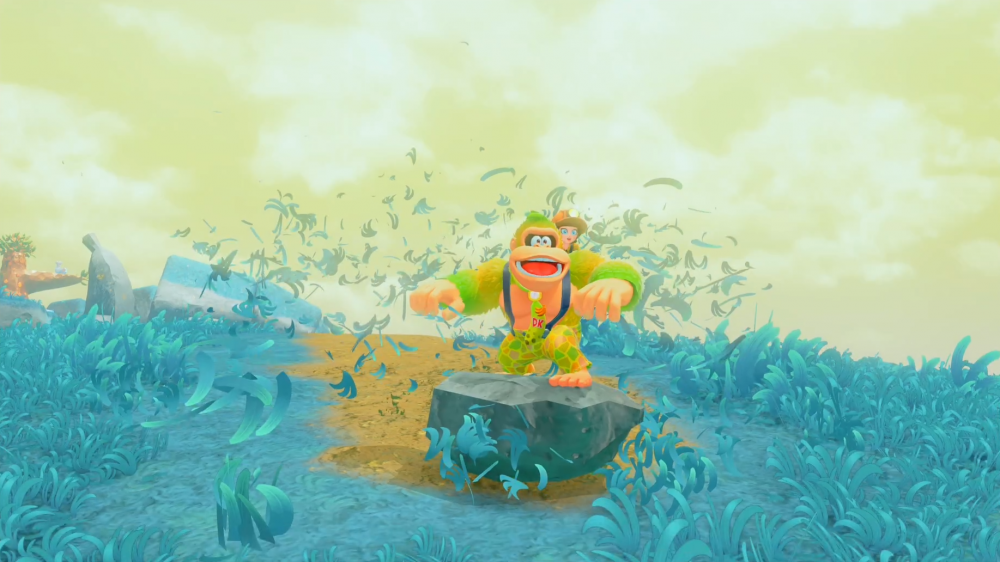 Donkey Kong surfar på en sten över en gräsmatta så att gräset yr.