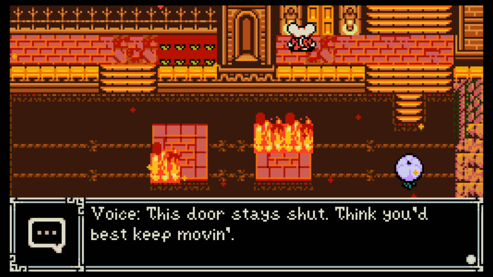 Screenshot: Mina står vid en dörr. Runt henne brinner en stad.
Textruta: "Voice: This door stays shut. Think you'd best keep movin'."