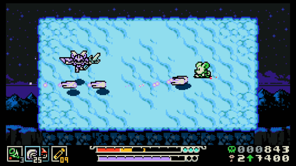 Screenshot: Flygande bossfan på en snöig bakgrund.