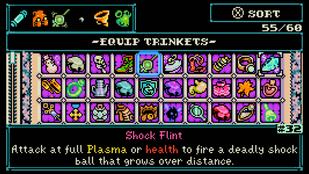 Screenshot: Trinket-menyn. Trinketen "Shock Flint" är markerad, med effekten "Attack at full Plasma or health to fire a deadly shock ball that grows over distance"