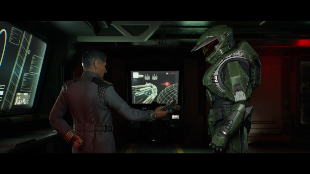 Captain Keys ger en pistol till Master Chief